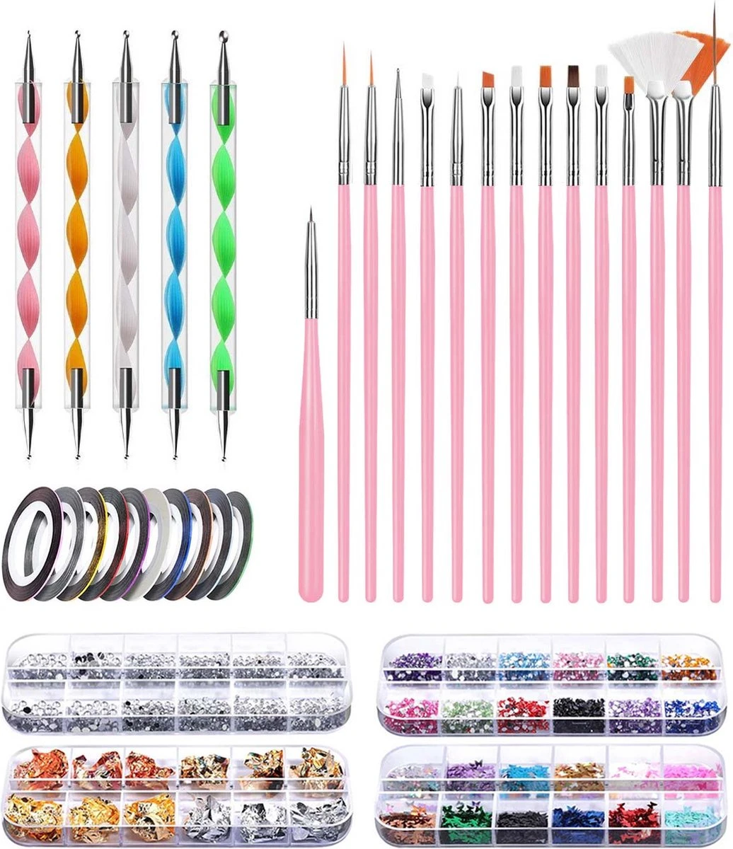 Evvie© Nail Art Kit - Penselen Met Dotting Tools - Strass Steentjes - Rhinestones - Nagel Folie - Diamantjes - Striping Tape – 65-delig 1 Evvie© Nail Art Kit - Penselen Met Dotting Tools - Strass Steentjes - Rhinestones - Nagel Folie - Diamantjes - Striping Tape – 65-delig
