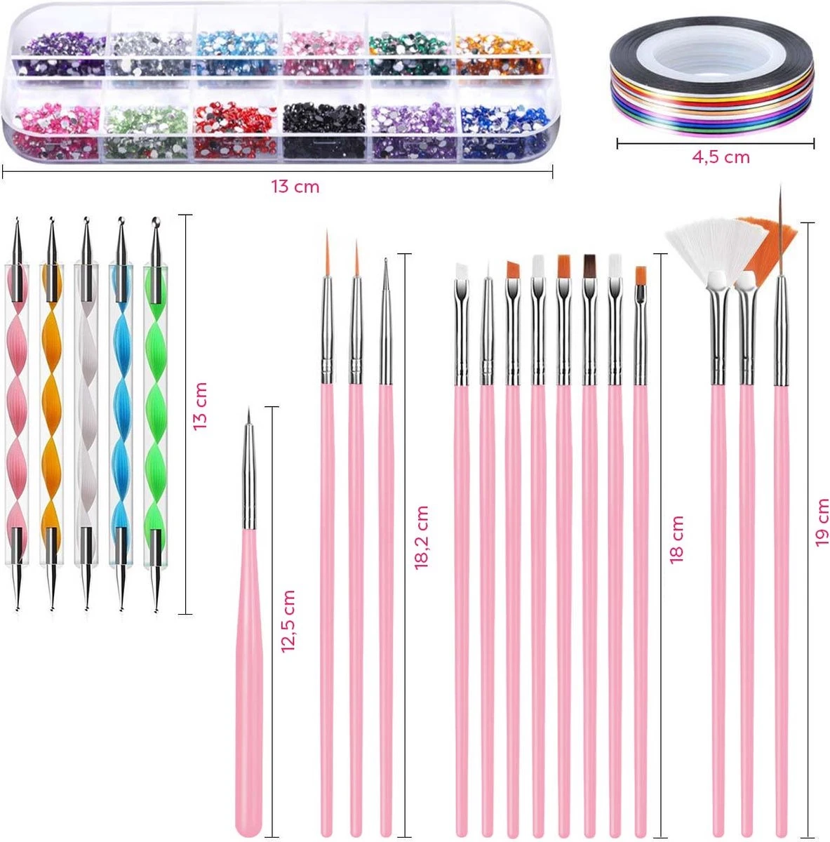 Evvie© Nail Art Kit - Penselen Met Dotting Tools - Strass Steentjes - Rhinestones - Nagel Folie - Diamantjes - Striping Tape – 65-delig 3 Evvie© Nail Art Kit - Penselen Met Dotting Tools - Strass Steentjes - Rhinestones - Nagel Folie - Diamantjes - Striping Tape – 65-delig - Afbeelding 3