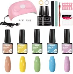 Mtssii - Gelnagel Kit - 5 ZOMER KLEUREN Gellak - Blauw, Groen, Oranje/nude, Geel En Lila- Starterkit - Manicure Set - 54 Watt UV Lamp - Gel Nagels Starterspakket - Nepnagels -