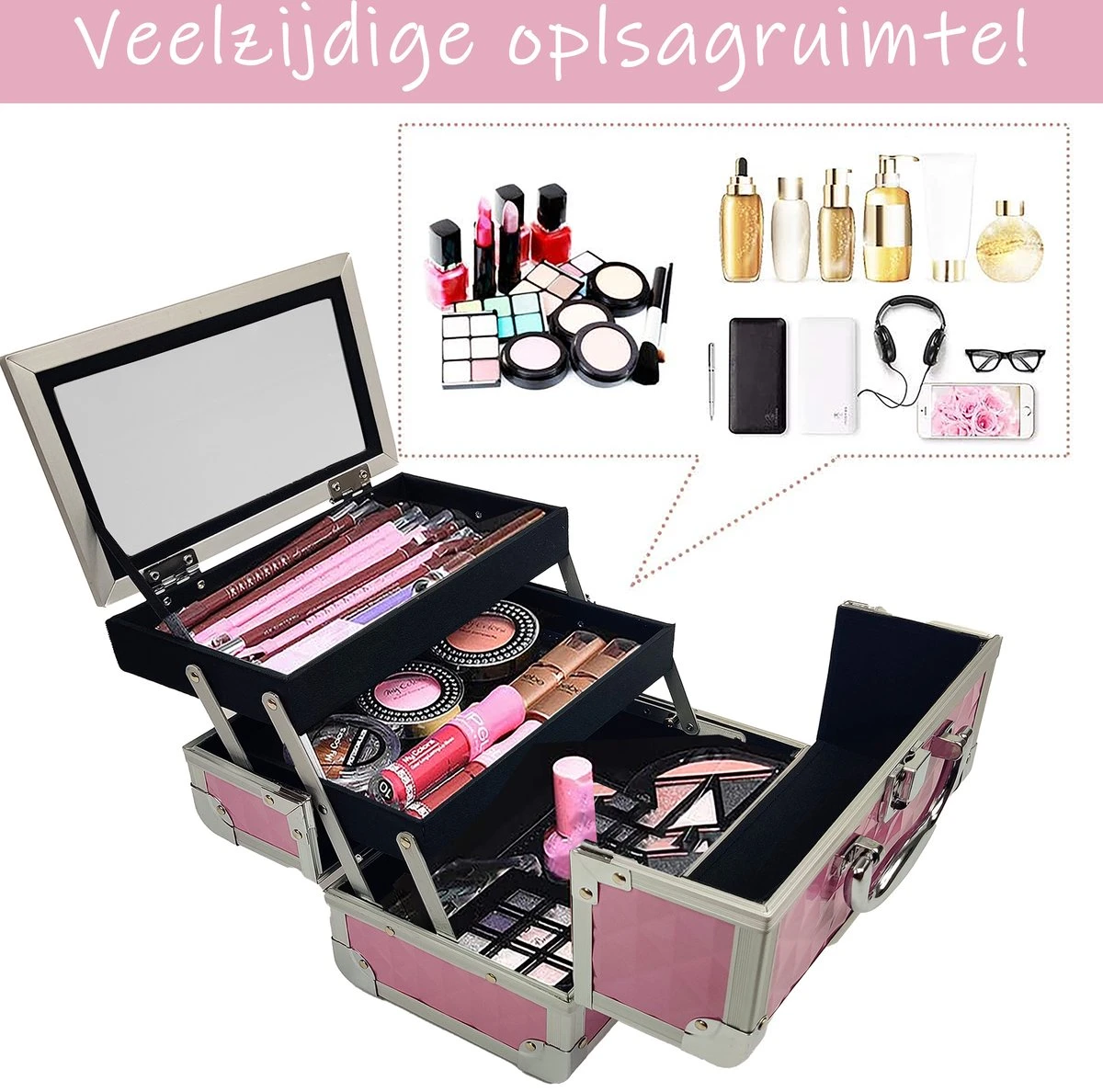 Make Up Koffer Meisjes En Dames Roze - Make Up Organizer Met Spiegel - Cosmetica Koffer - Beautycase Koffer 3 Make Up Koffer Meisjes En Dames Roze - Make Up Organizer Met Spiegel - Cosmetica Koffer - Beautycase Koffer - Afbeelding 3