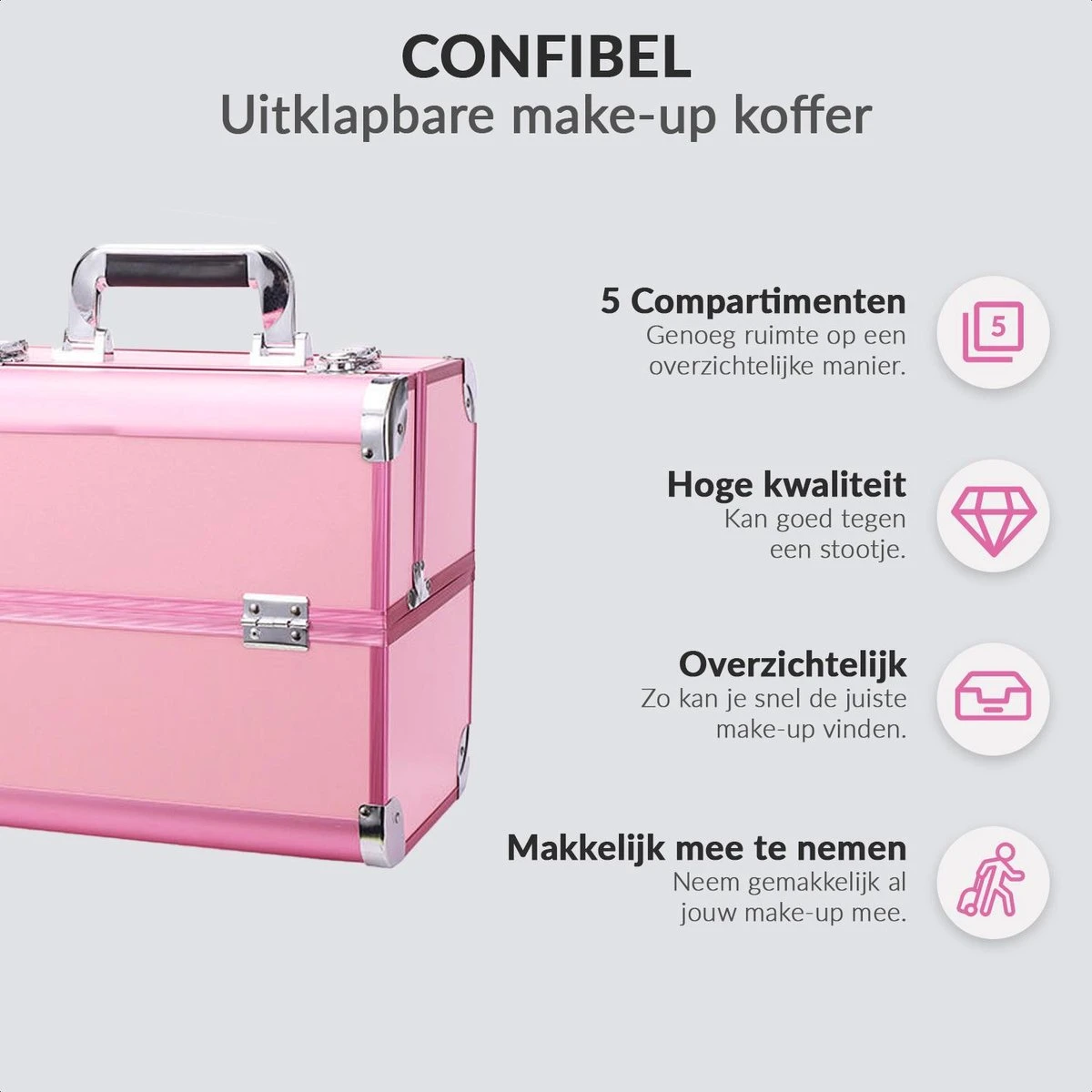 Confibel Cosmetica Koffer - Make Up Koffer Uitklapbaar - 5 Opbergbakken Make-up Koffer - Beautycase/Visagiekoffer /Cosmeticakoffer /Beautycase/ Nagelstylistekoffer - Roze 3 Confibel Cosmetica Koffer - Make Up Koffer Uitklapbaar - 5 Opbergbakken Make-up Koffer - Beautycase/Visagiekoffer /Cosmeticakoffer /Beautycase/ Nagelstylistekoffer - Roze - Afbeelding 3