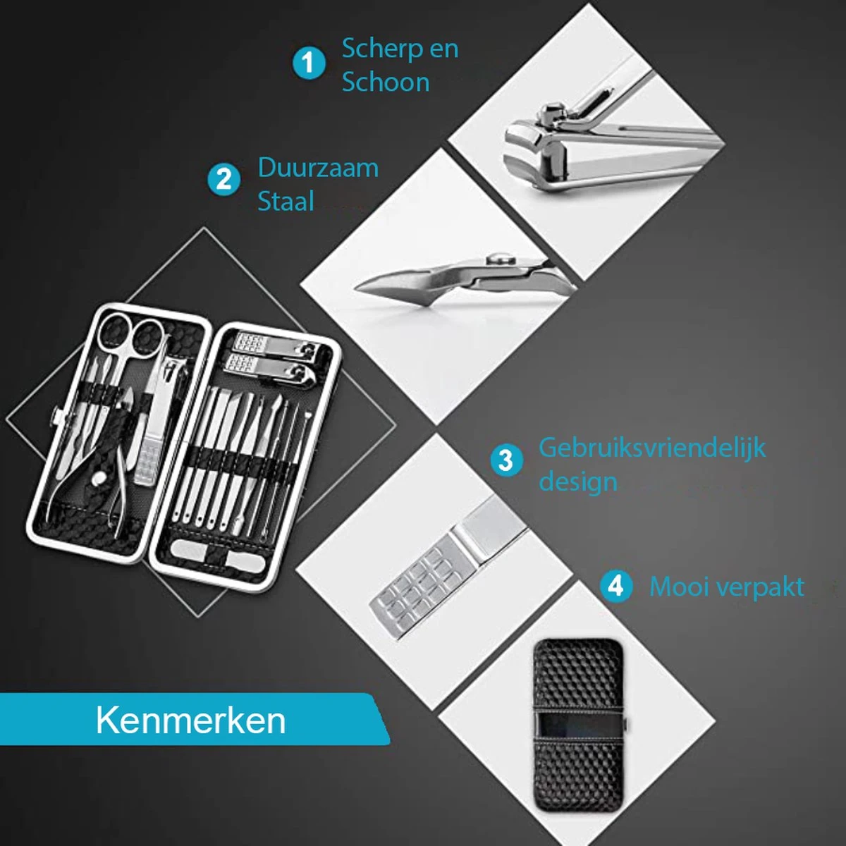 Nagelknipper Set – 18-Delige Pedicure En Manicure Sets Nagelaccessoires – Nagelset – Nagelverzorging Kit – Reisset Zwart 4 Nagelknipper Set – 18-Delige Pedicure En Manicure Sets Nagelaccessoires – Nagelset – Nagelverzorging Kit – Reisset Zwart - Afbeelding 4