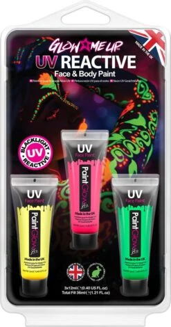 Paintglow - Neon UV Face & Body Paint Set - Carnaval Accessoires - Verf - Schmink - Make-up - Roze - Groen - Geel - 12 Ml - 3 Stuks